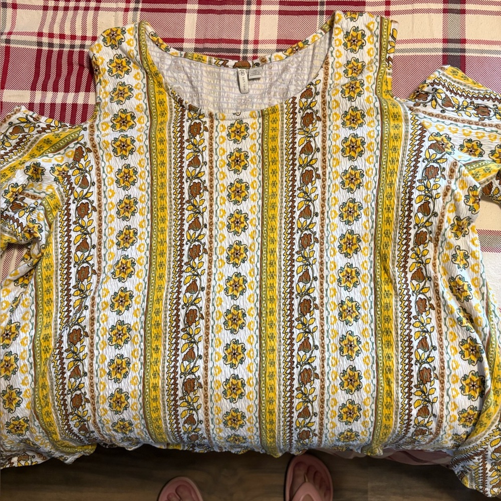 Cato Yellow and Brown Floral-Stripe Cold-Shoulder Tunic